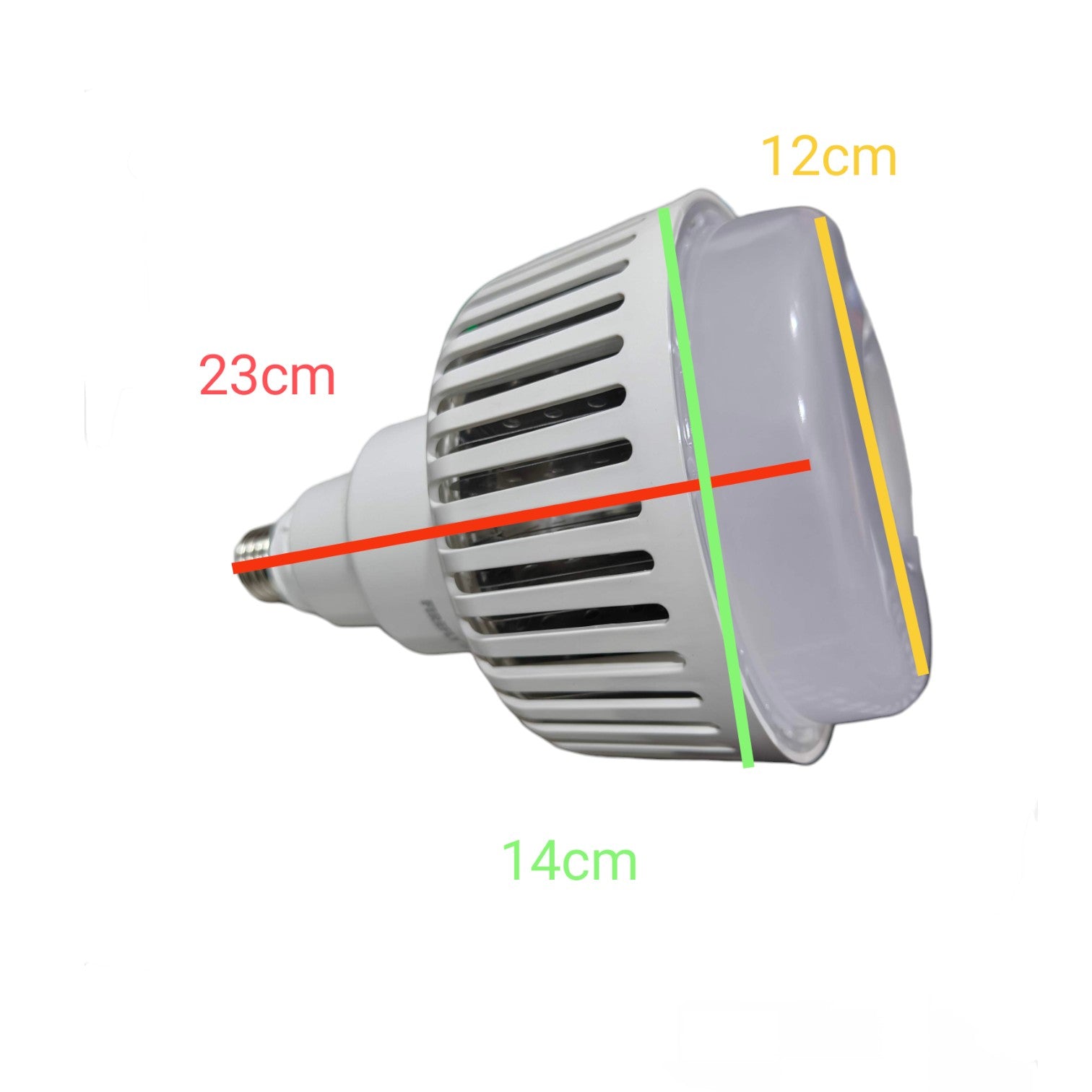 A white LED light bulb with dimension annotations showing a height of 12cm, a width of 14cm, and a length of 23cm, on a plain white background.