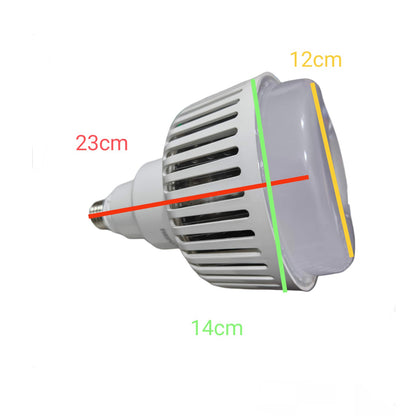A white LED light bulb with dimension annotations showing a height of 12cm, a width of 14cm, and a length of 23cm, on a plain white background.