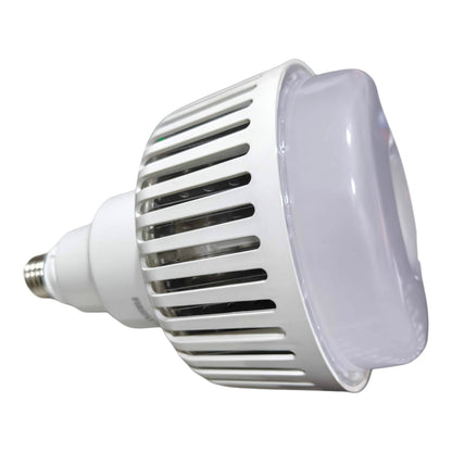 A white LED light bulb with a ribbed metal heat sink and a screw-in base, shown on a plain white background.