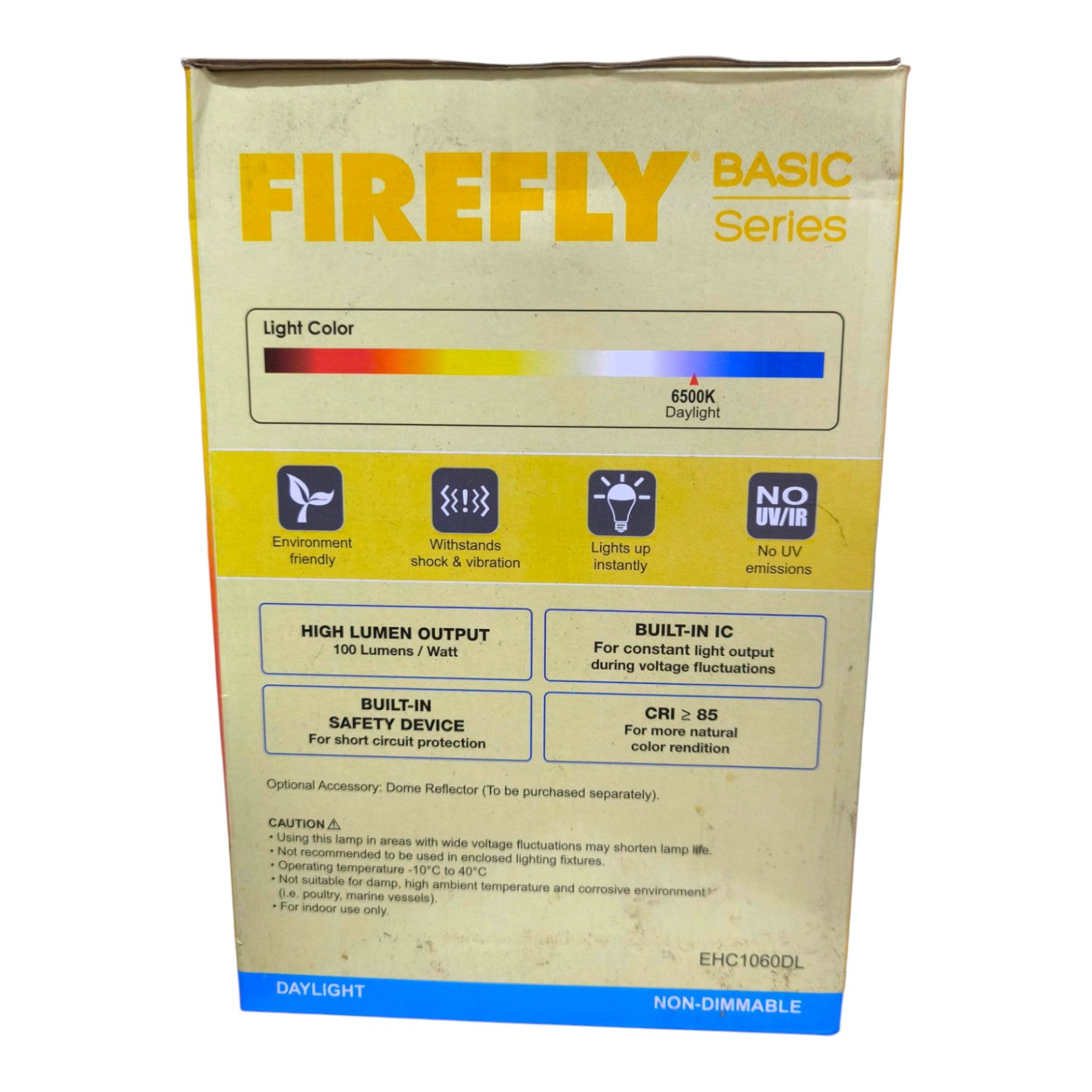 A cardboard box for a Firefly Basic Series light reflector, featuring a yellow and beige design with a color indicator bar and product specifications.