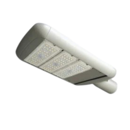 A modern solar street light fixture with a white housing and integrated LED panels, shown at an angle on a plain white background.