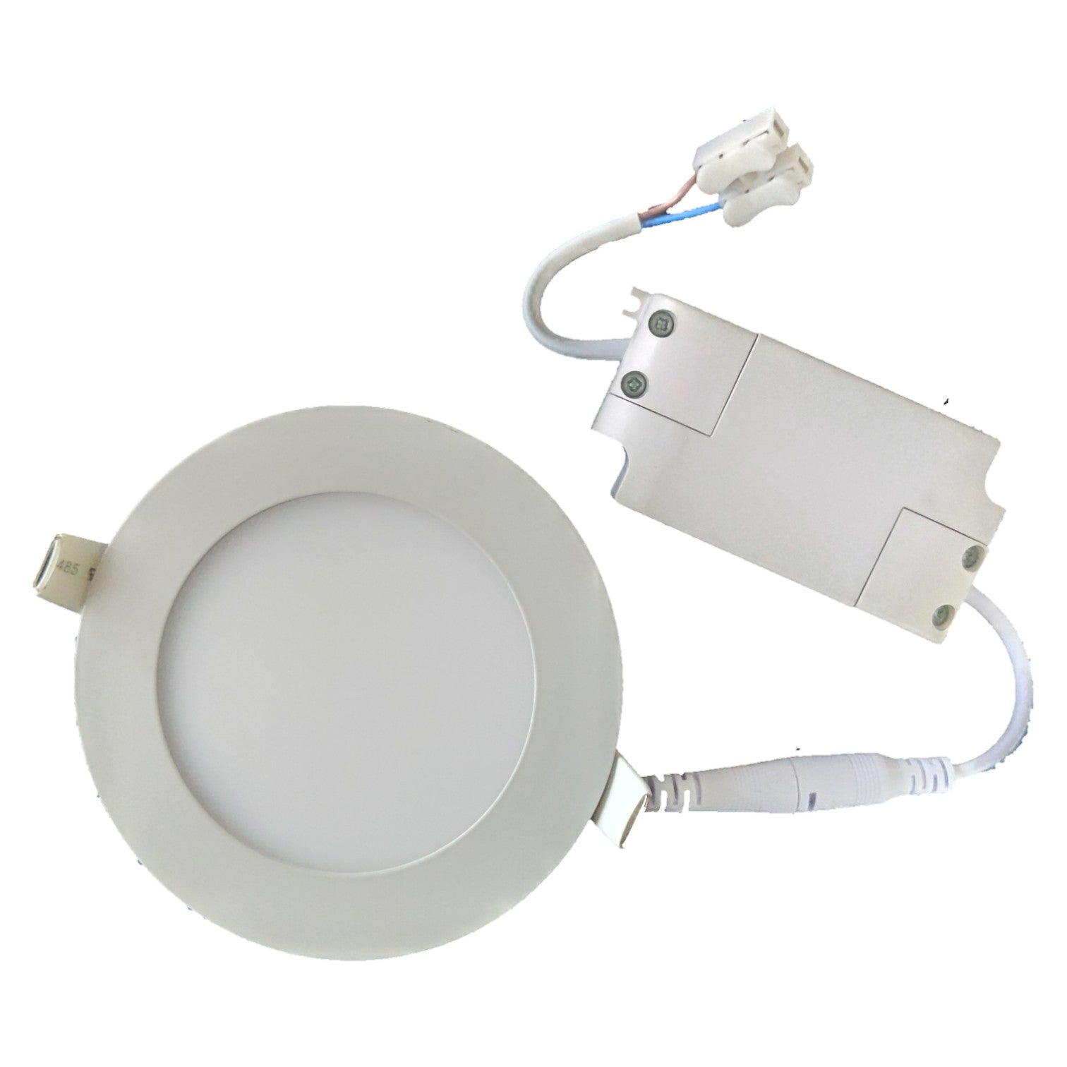 LED downlight fixture with wiring on a white background