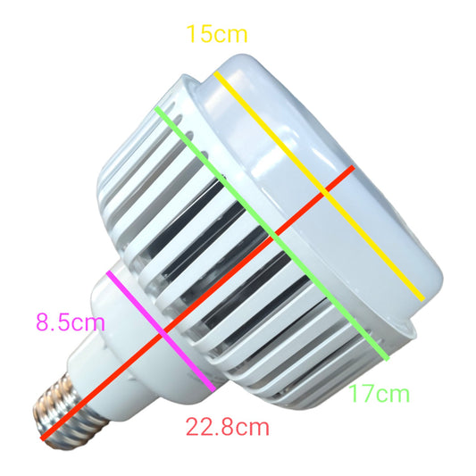 A white LED light bulb with a metal screw base, overlaid with colored measurement lines and text labels showing dimensions: 15cm, 17cm, 8.5cm, and 22.