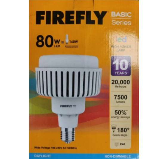 FIREFLY Basic Series 80W LED replacement bulb in its original orange and yellow retail packaging, showing the white ribbed LED bulb and technical specifications.