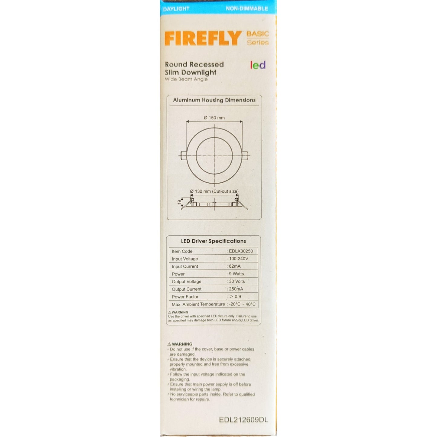Firefly round recessed slim downlight packaging on a white background