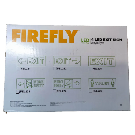 Firefly Acrylic LED Sign 220V packaging showing 4 LED exit sign designs and model numbers FEL221 to FEL226