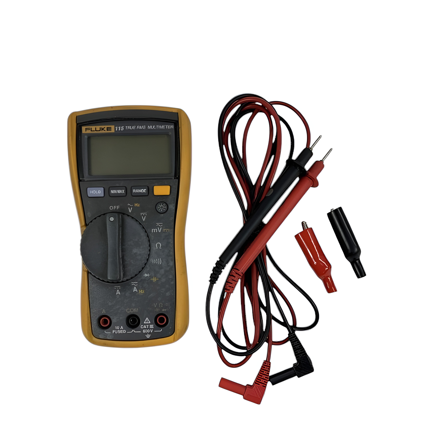 Fluke multimeter with test leads on a white background