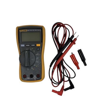 Fluke multimeter with test leads on a white background