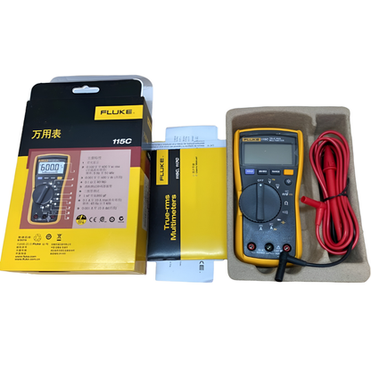 Fluke multimeter with packaging and accessories on a white background
