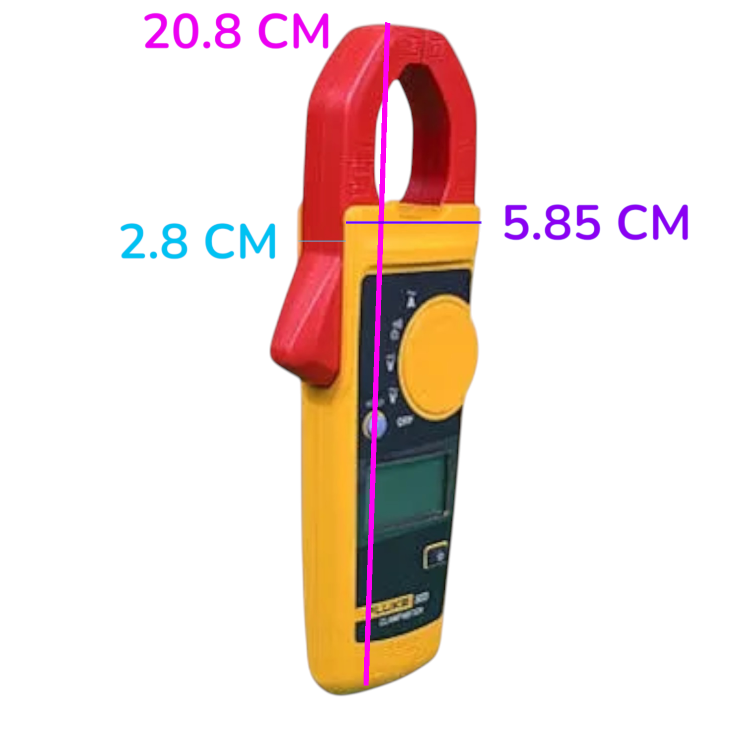 A yellow and red clamp meter with digital display and measurement overlays showing dimensions in centimeters on a plain white background.