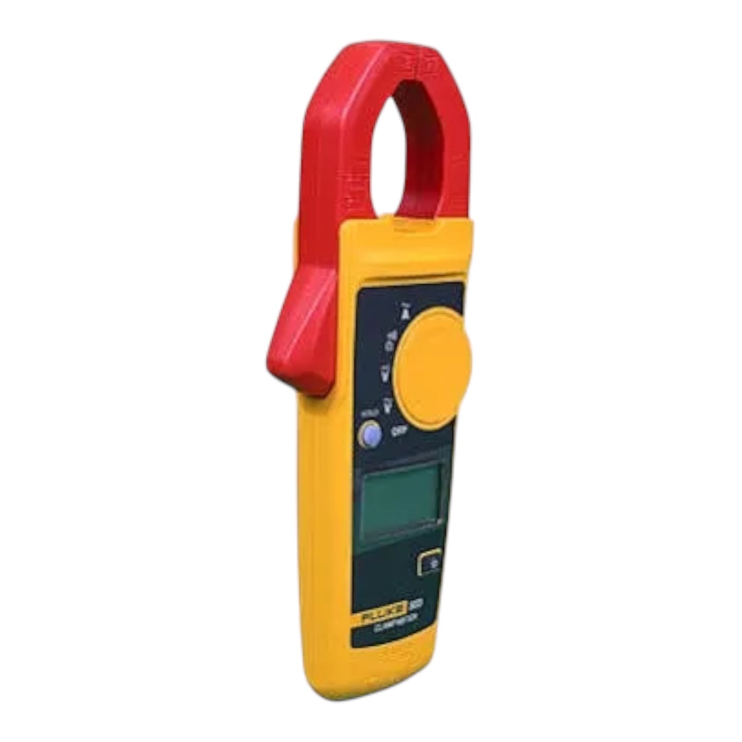A Fluke 8010 clamp meter with a red jaw and a yellow body, featuring a digital display screen and rotary control dial, isolated on a white background.