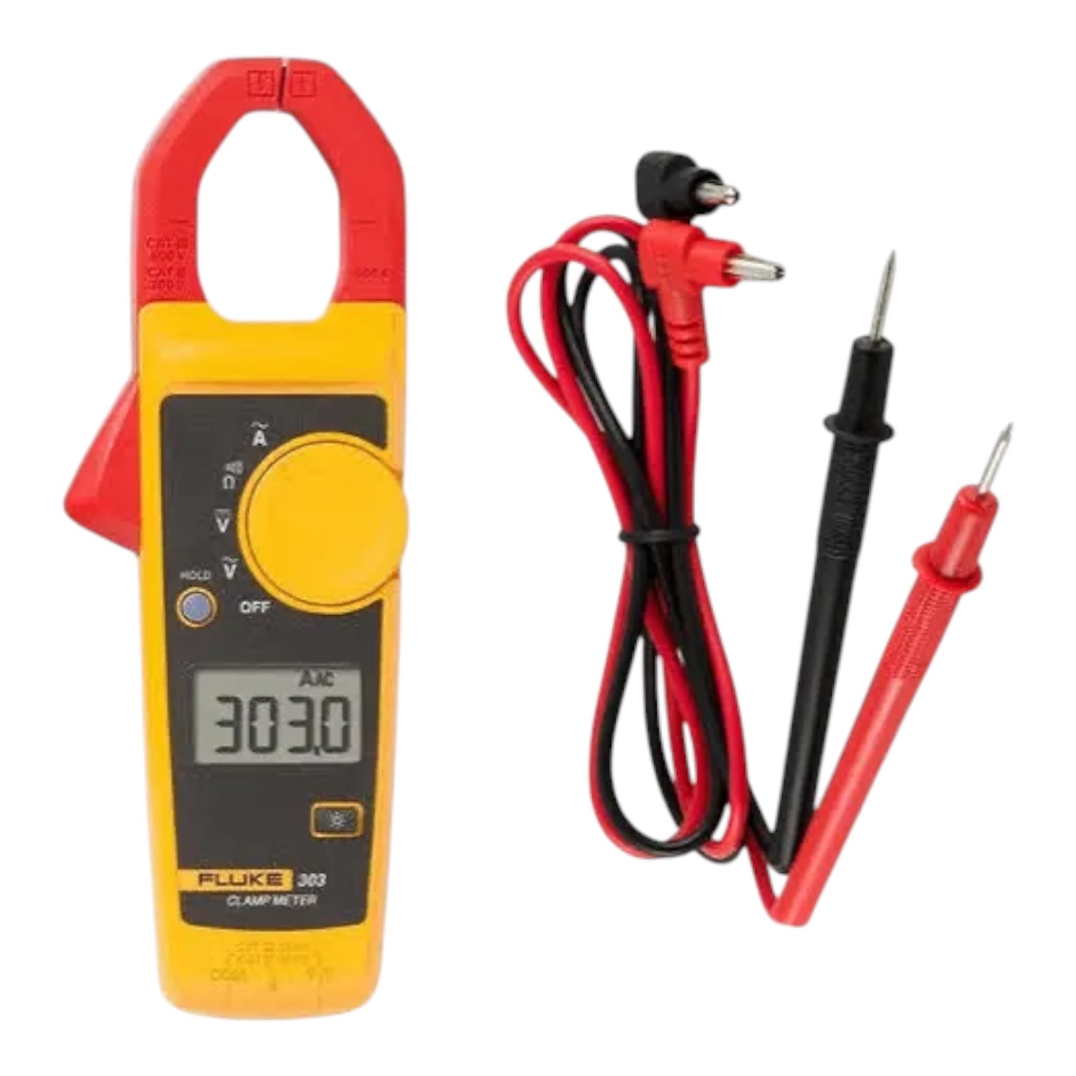 A Fluke 230 AC/DC clamp meter with a yellow and red body, shown alongside its red and black test leads on a plain white background.