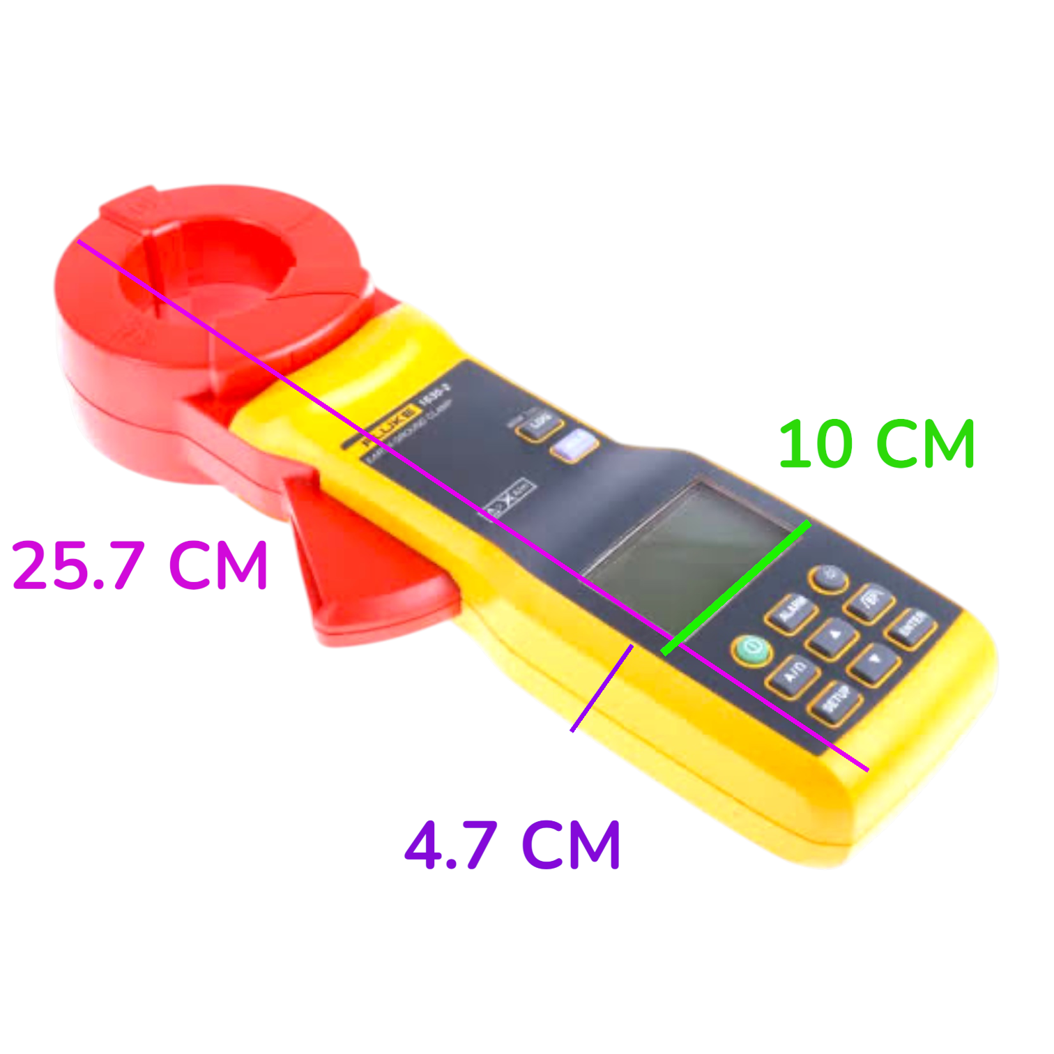 A handheld multimeter-style measuring device with a red clamp and yellow body, shown on a white background with overlaid dimension lines and text reading 25.7 CM, 10 CM, and 4.