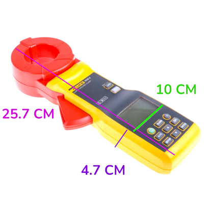 A handheld multimeter-style measuring device with a red clamp and yellow body, shown on a white background with overlaid dimension lines and text reading 25.7 CM, 10 CM, and 4.