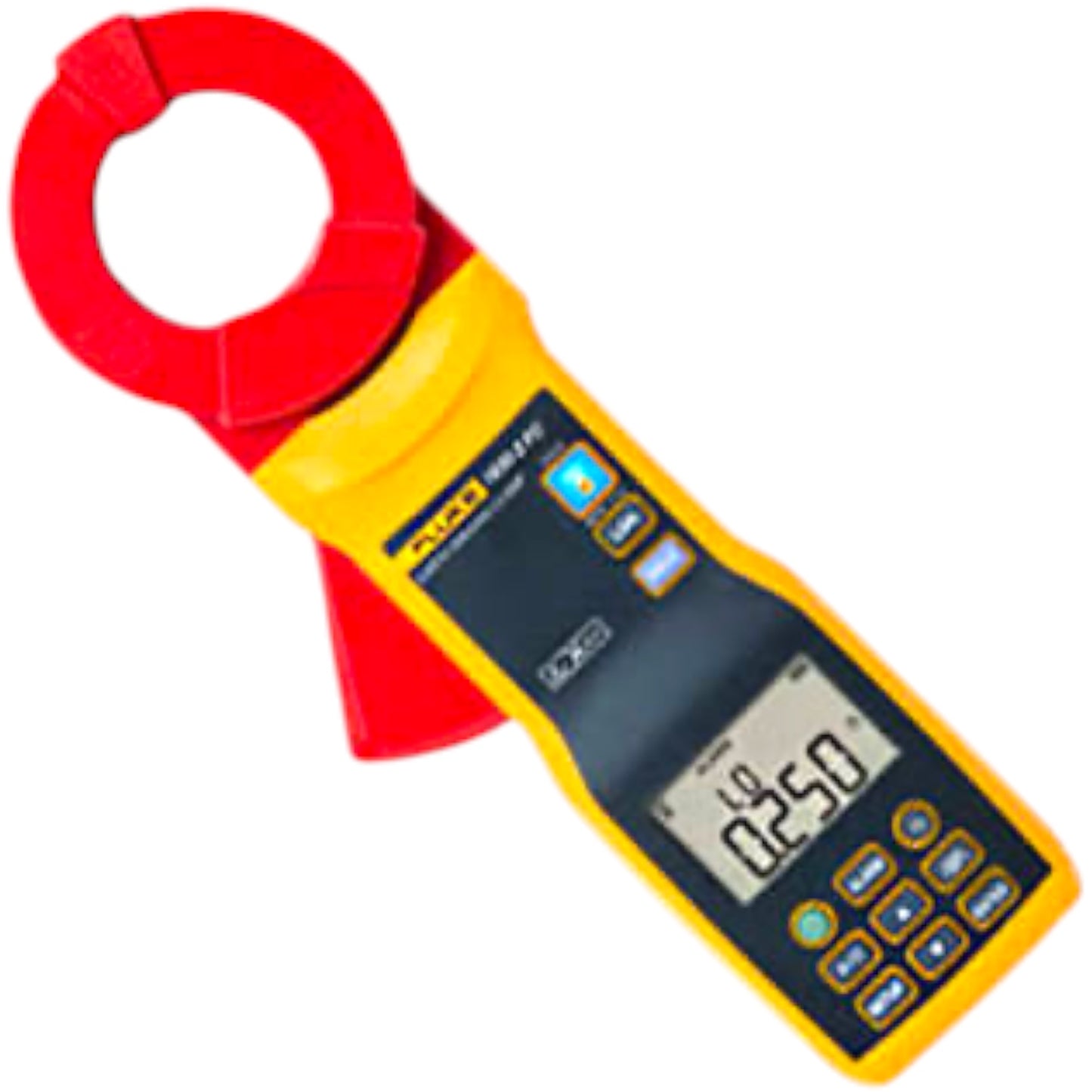 A Fluke multimeter clamp meter with a red and yellow body, featuring a digital display screen and control buttons, isolated on a white background.