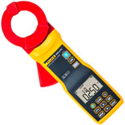 A Fluke multimeter clamp meter with a red and yellow body, featuring a digital display screen and control buttons, isolated on a white background.