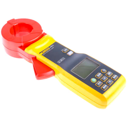 A handheld clamp meter tool with a red clamp body and a yellow handle, featuring a black control panel with a screen and buttons, isolated on a white background.