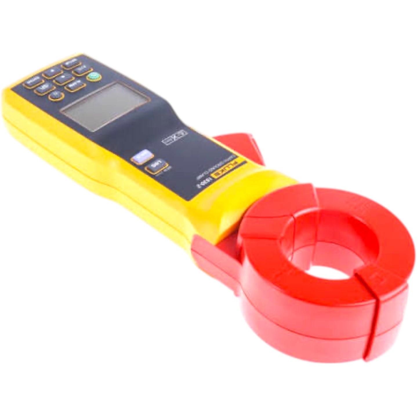 A handheld clamp meter tool with a yellow and black handle, a digital display screen, and a large red clamp jaw, isolated on a white background.