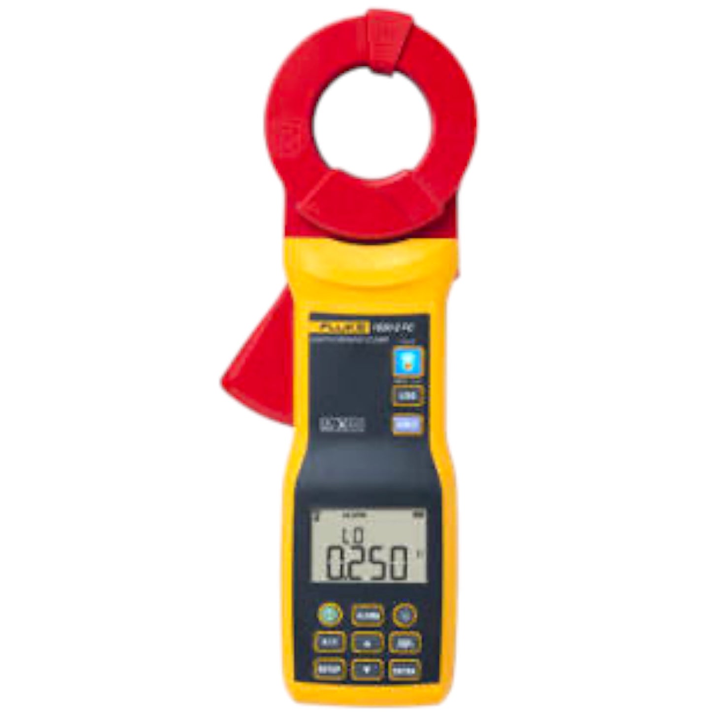 A Fluke 8000 Series clamp meter with a red and yellow body, featuring a digital display screen and multiple control buttons, isolated on a white background.