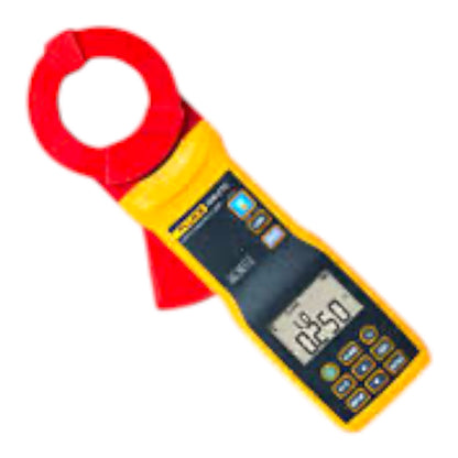 A handheld clamp meter with a red clamp jaw and a yellow body, featuring a black digital display screen and control buttons.