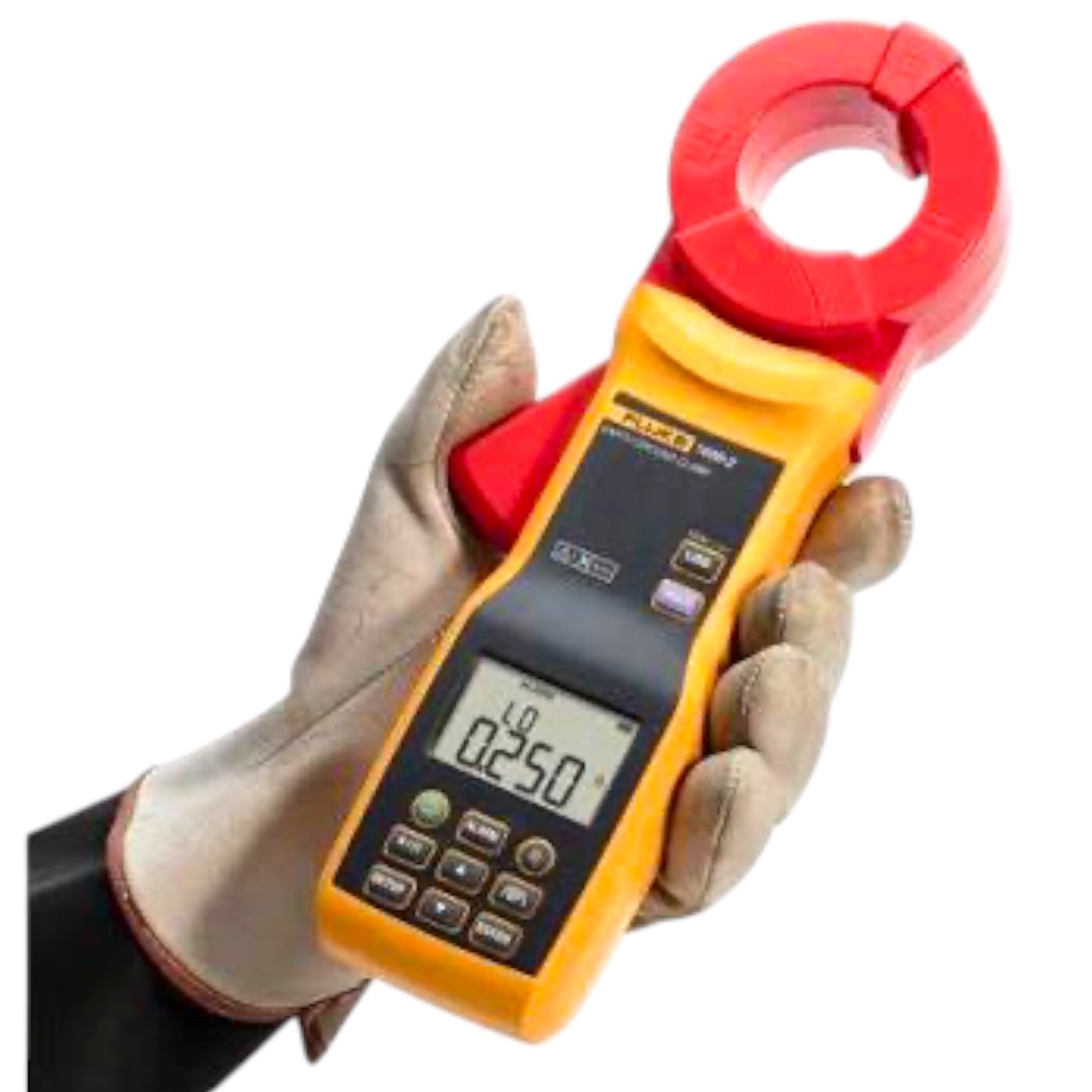 A Fluke multimeter clamp meter in yellow and red, held in a hand wearing a beige work glove against a solid white background.