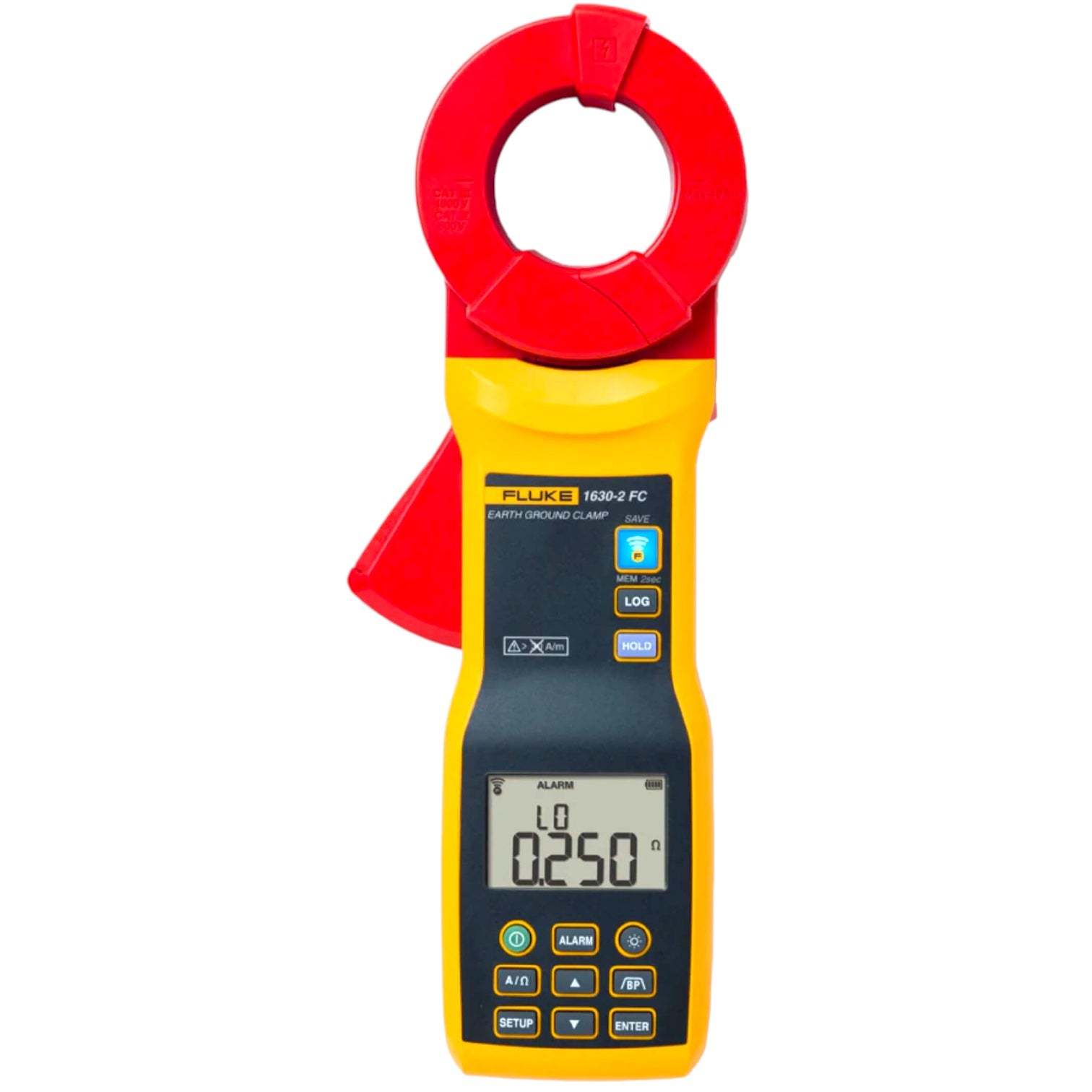 Fluke 8600-2 FC Earth Ground Clamp in yellow and red with a black display screen, shown on a solid white background.