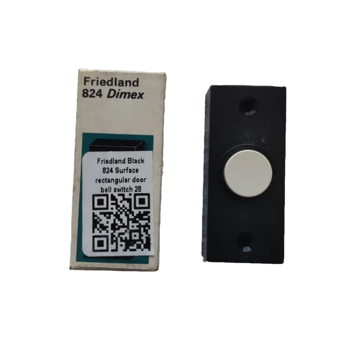 Friedland door bell switch surface type in black with circular button and packaging for easy installation