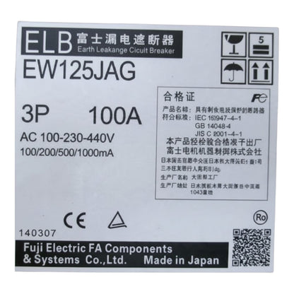 A square product label for an ELB Earth Leakage Circuit Breaker, model EW125JAG, with text including '3P 100A', 'AC 100-230V-440V', and 'Fuji Electric FA Components & Systems Co., Ltd.