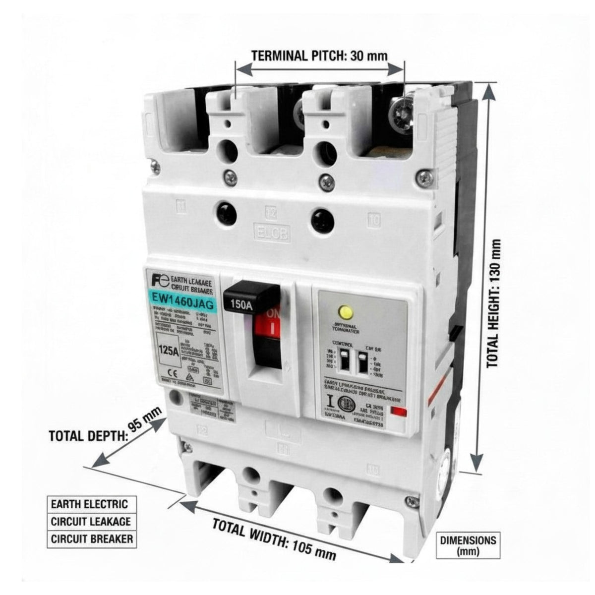 A white molded circuit breaker with dimension annotations showing terminal pitch, total height, total depth, and total width on a plain white background.
