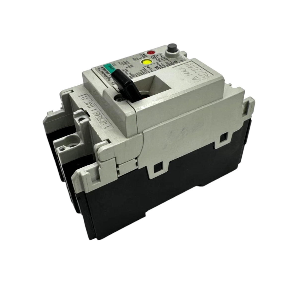 An industrial electrical contactor or relay component with a gray plastic top housing, black lower body, and a black central switch handle, shown on a plain white background.
