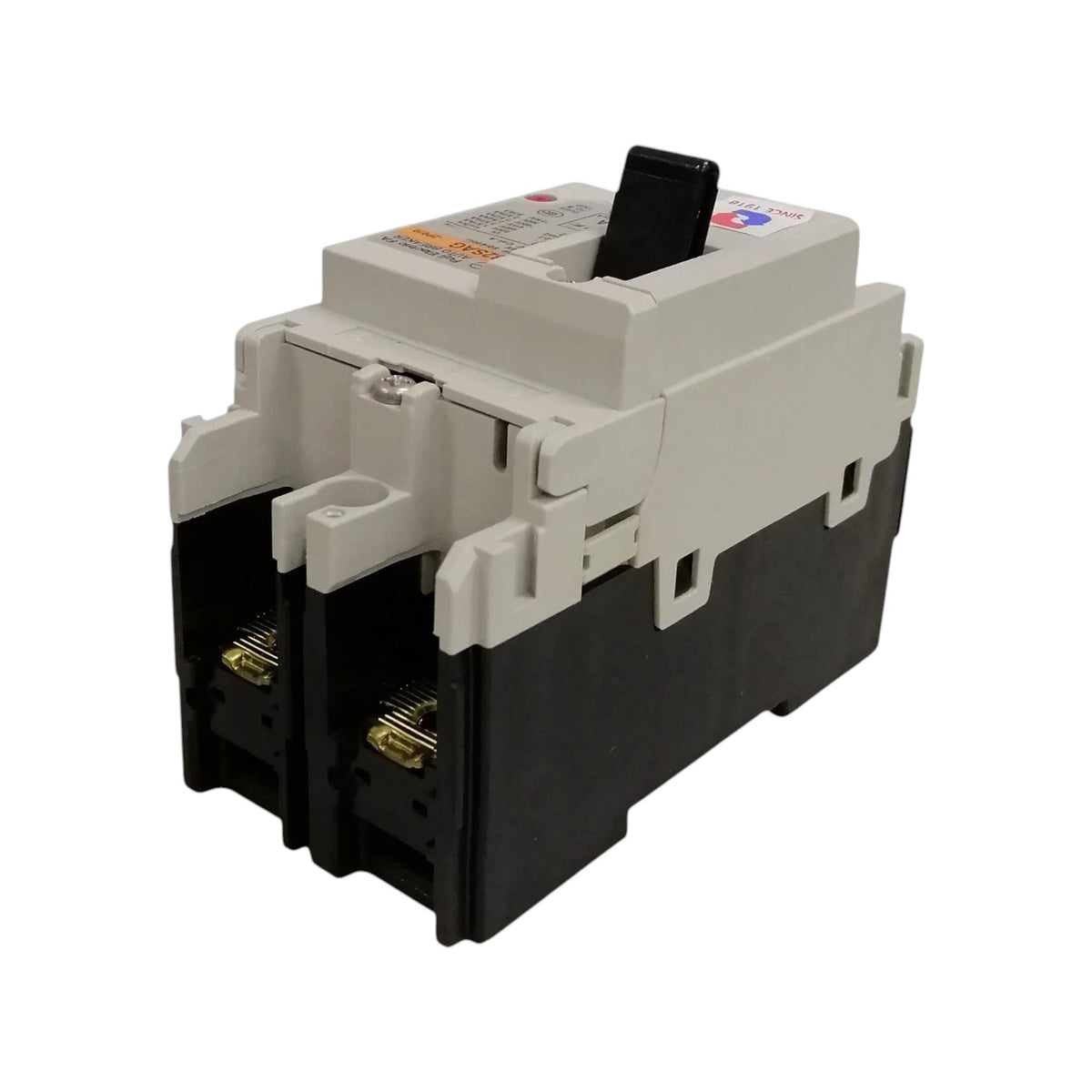 A heavy-duty electrical circuit breaker with a black lower housing and a light gray upper casing, featuring a black switch handle on top.