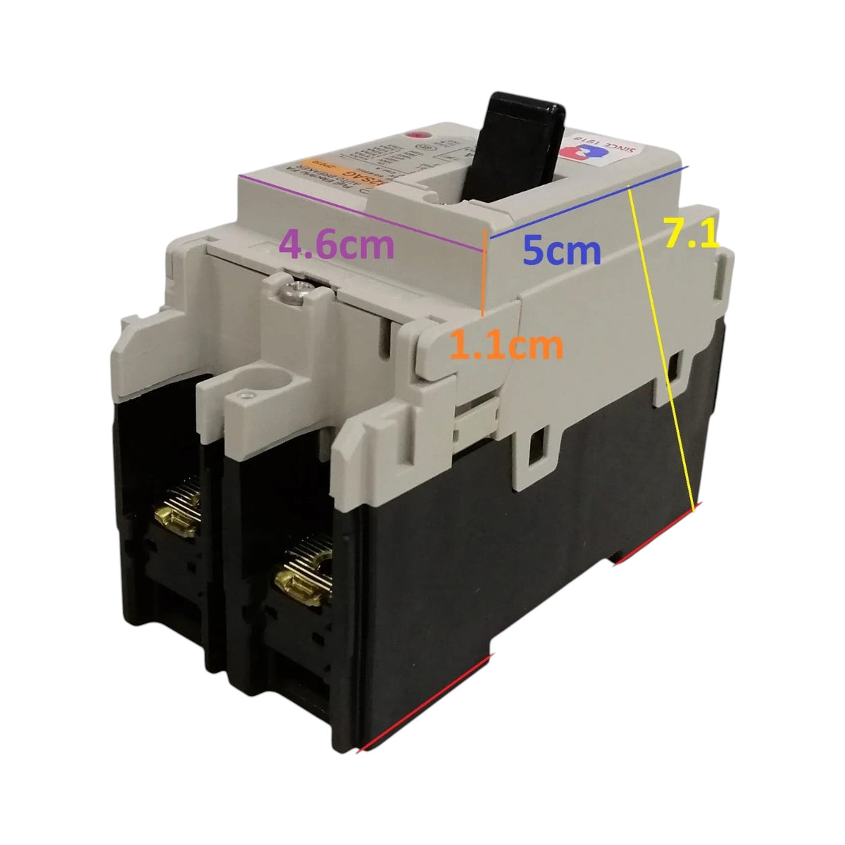 A black and light gray electrical contactor or relay component on a white background, with overlaid dimension labels showing 4.6 cm, 5 cm, 1.