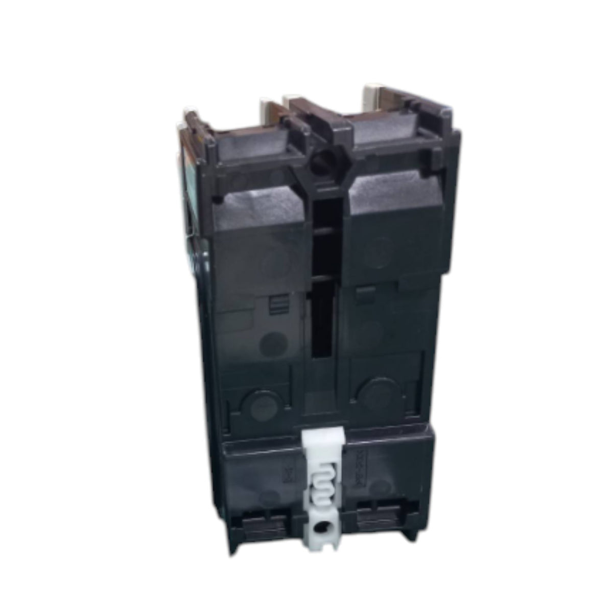 A black plastic electrical circuit breaker component with a white terminal connector at the bottom, shown against a plain white background.