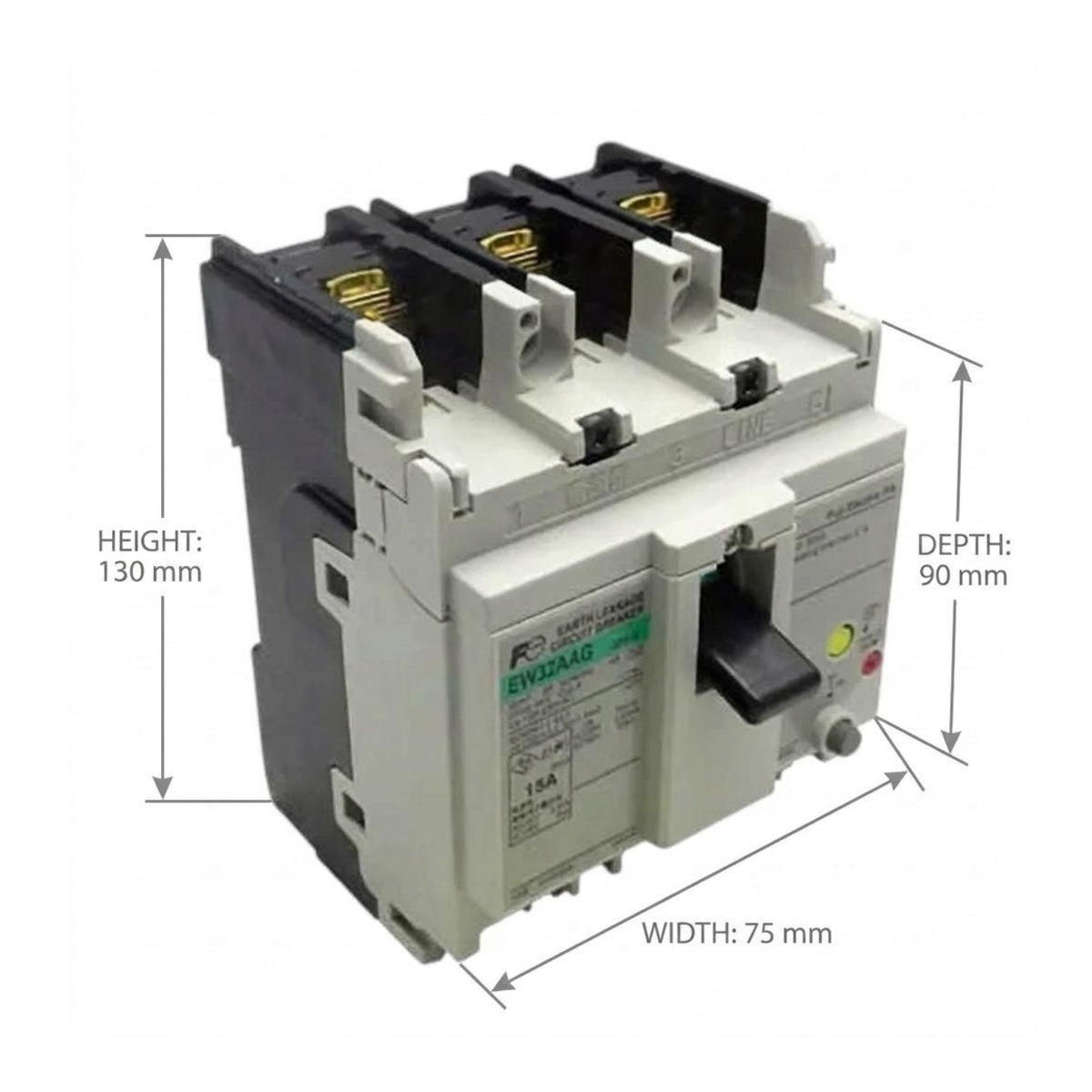 A three-pole electrical circuit breaker shown on a white background with dimension arrows and labels indicating height 130 mm, depth 90 mm, and width 75 mm.