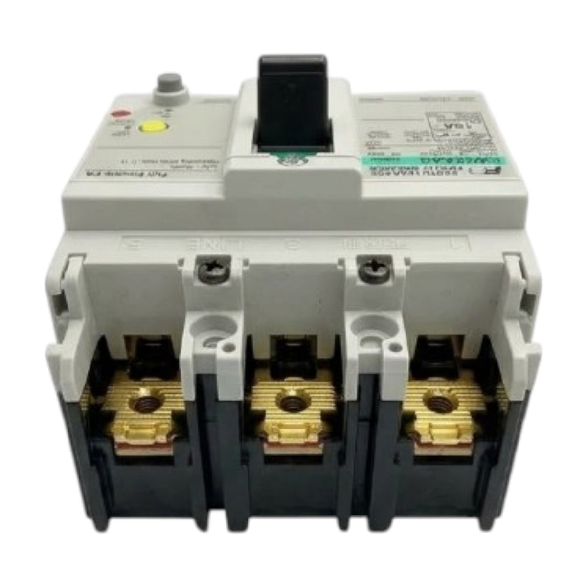 A three-phase electrical circuit breaker with a light gray plastic housing, black switch handle, and gold-colored terminal contacts, shown against a plain white background.