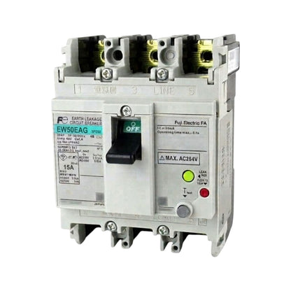 An RC Electrical circuit breaker, model EW50EAG, with a gray plastic housing, black switch handle, and gold-colored internal terminal components visible at the top.