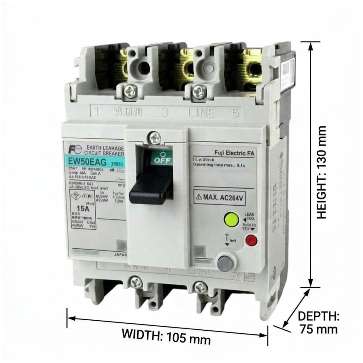 A Fuj Electric FW50EAG earth leakage circuit breaker shown on a white background with dimension lines indicating width 105 mm, height 130 mm, and depth 75 mm.