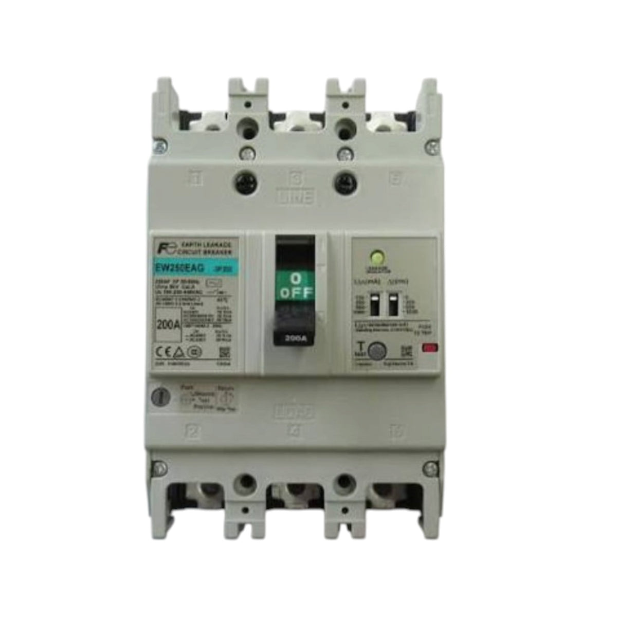 A 3-pole circuit breaker from the brand F&H, model RW30606AG, shown against a plain white background. The unit is primarily light gray with a central black switch handle showing '0 OFF' in green, along with various technical labels and a small green LED indicator light.