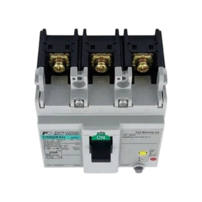 A labeled technical diagram of a Fuji Electric circuit breaker showing terminal identification, molded casing, load side power terminals, and callouts for buttons, indicator light, and test points.