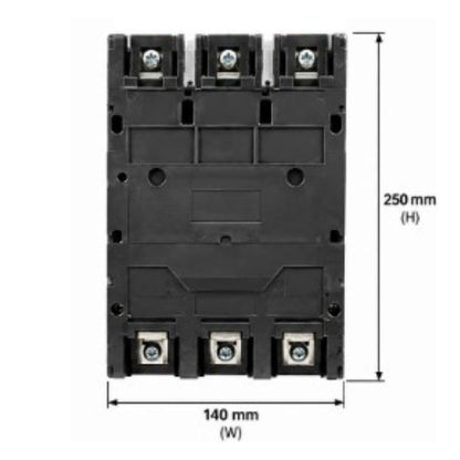 A black electrical contactor or relay component shown from the back, with dimension annotations indicating a height of 250 mm and a width of 140 mm on a white background.