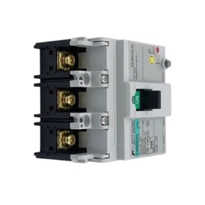 A Fuji Electric FW32AAG 2P30S 20A circuit breaker with a gray plastic housing, gold-colored metal terminal blocks, a red and green toggle switch, and yellow and red indicator buttons, shown against a plain white background.