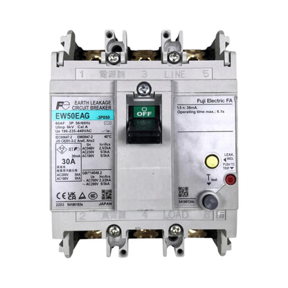 A Fuji Electric circuit breaker model EW50EAQ, featuring a silver metal housing, a black central switch handle in the 'OFF' position, and various technical labels and indicator lights.