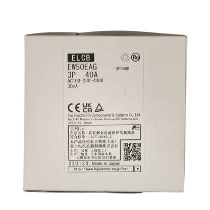 A square product box photographed against a plain white background. The front label shows the text ELCB, EW50EAG, 3P 40A, AC100-230-440V, 30mA, and Fuji Electric FA Components & Systems Co.