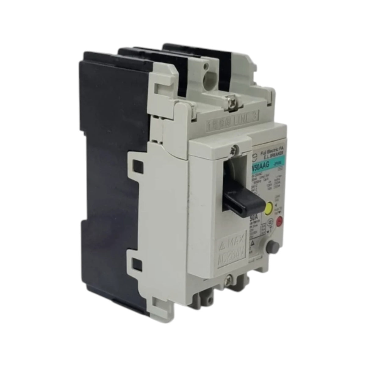 A molded circuit breaker (MCB) with a gray plastic housing, black side plates, and a black lever handle, shown on a plain white background.