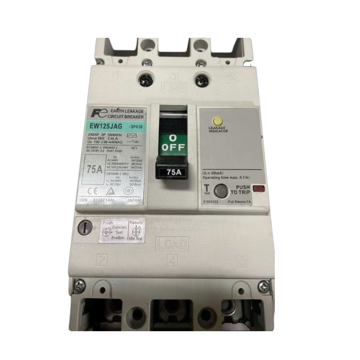 A 75A molded circuit breaker with a beige plastic housing, featuring a black and green 'OFF' switch, a yellow 'LAMP OK' indicator, and printed technical specifications on the side.