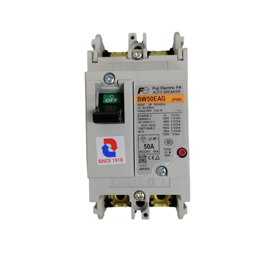 Fuji 50A molded case circuit breaker gray housing with black green OFF switch and visible 50A label