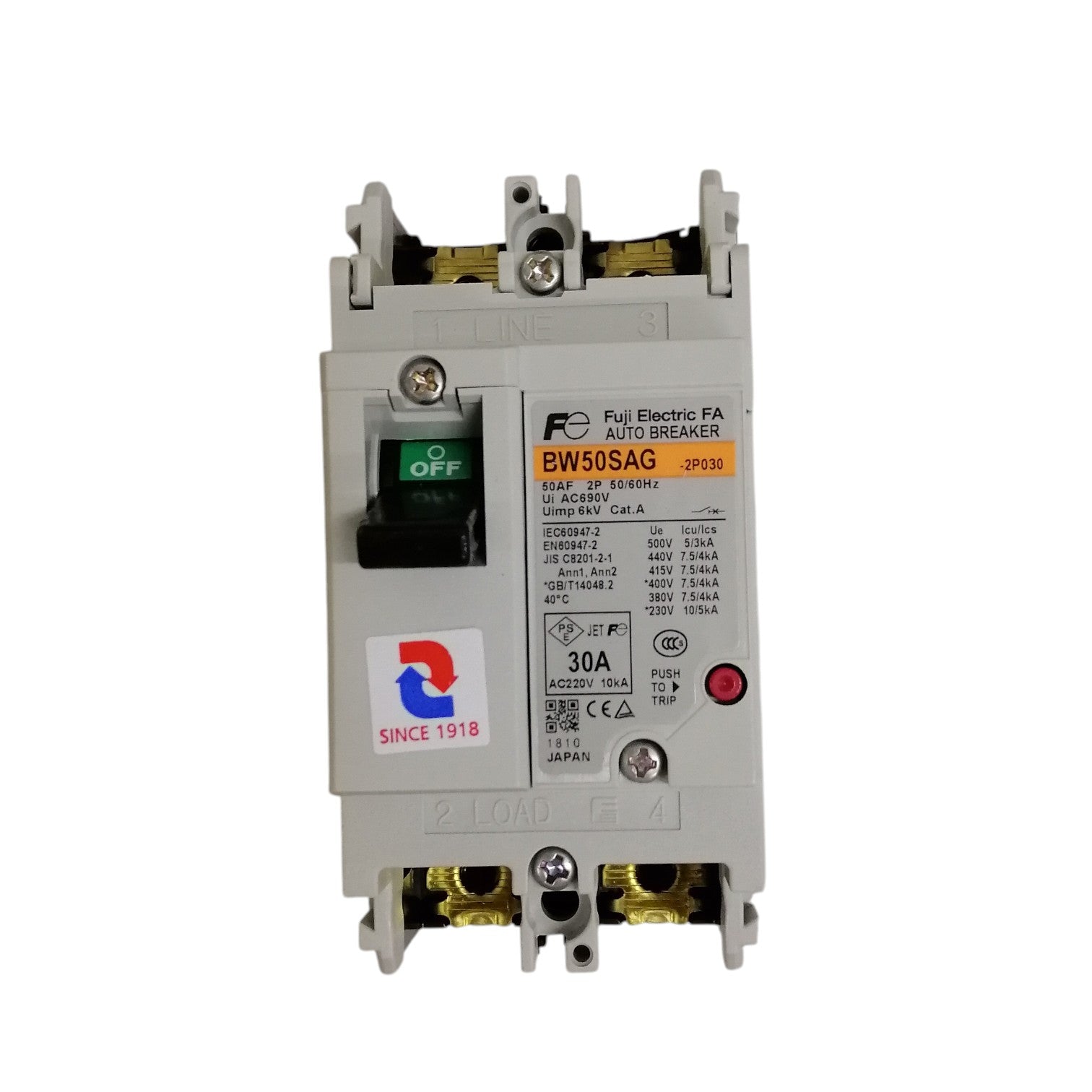 Fuji 30A 2P molded case circuit breaker. White Fuji two pole industrial circuit breaker for panel protection