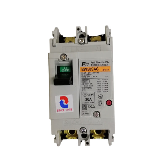 Fuji 30A 2P molded case circuit breaker. White Fuji two pole industrial circuit breaker for panel protection
