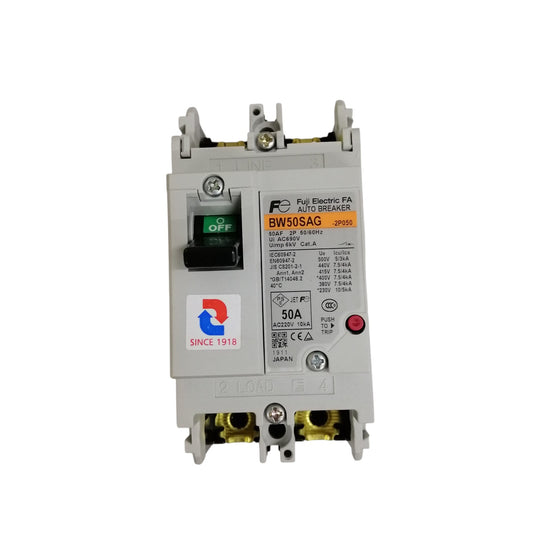 Fuji MCCB 50A circuit breaker white molded case with ON OFF switch and brass terminal connections