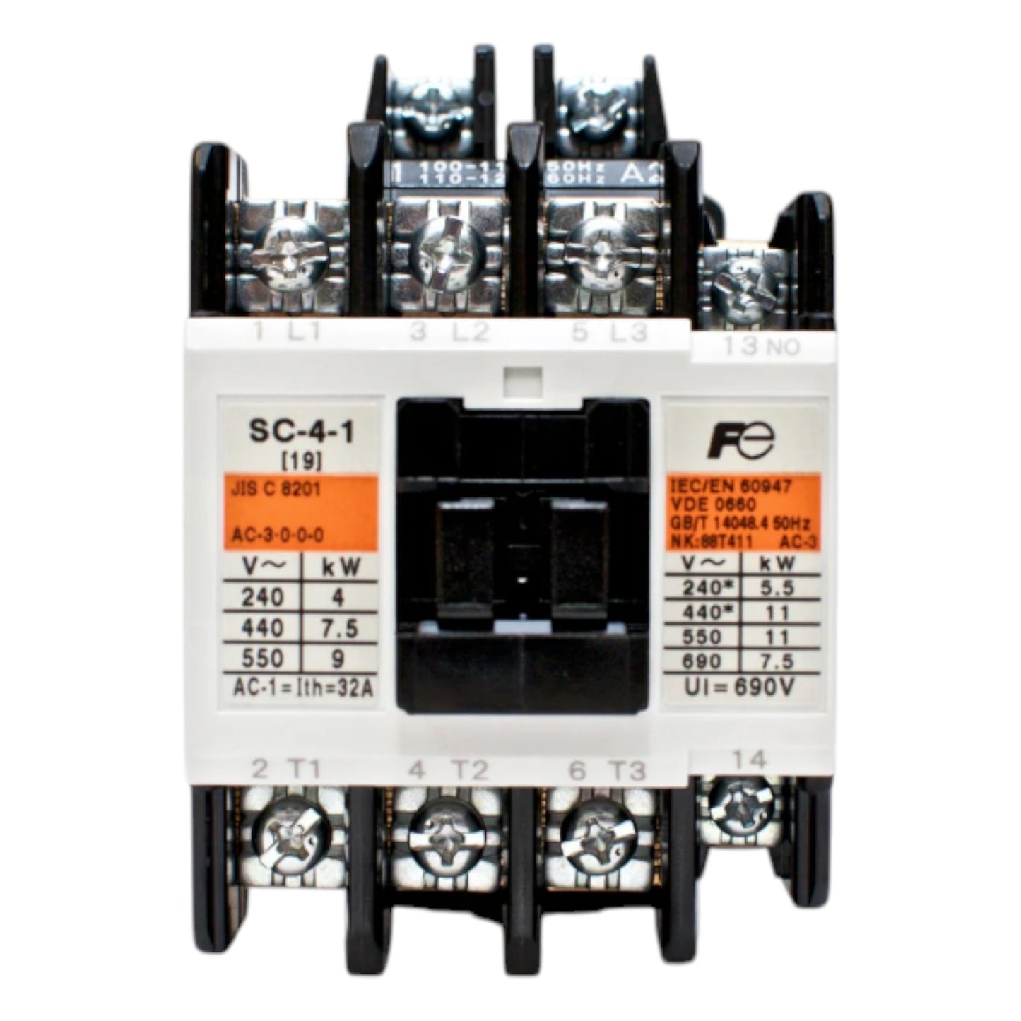 Electrical contactor with technical specifications on a white background